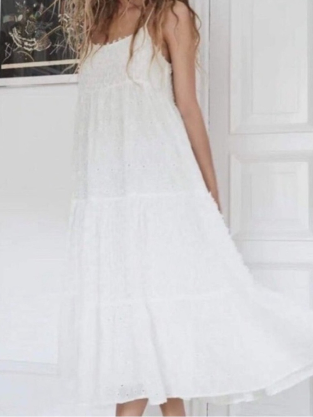 Zara White Textured Eyelet Spaghetti-Strap Dress